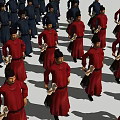 Game and Movie Characters Wearing Red and Blue Costumes Standing in Formation