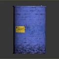 Durable Blue Metal Household Barrel With Yellow Label And Rustic Surface