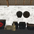 Traditional Kitchenware Display With Earthen Jars Bamboo Sieves And Red Feng Character On Brick Wall