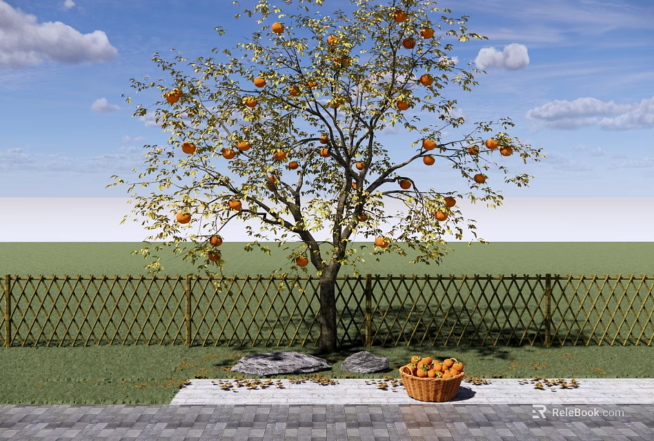 Fruit Bearing Arbor With Ripe Orange Fruits Green Lawn Bamboo Fence And Wicker Basket 3d model 