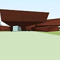 Modern Geometric Red Brick Building Exterior With Lawn And Sidewalk Features