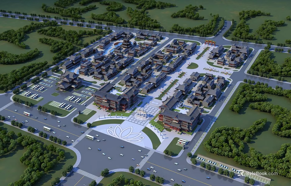Ancient Architecture Complex With Traditional Layout Scenic Greenery Plaza Roads And Parking 3d model 