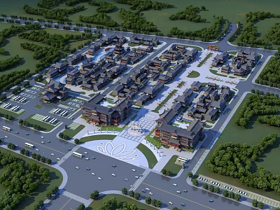 Ancient Architecture Complex With Traditional Layout Scenic Greenery Plaza Roads And Parking 3d model