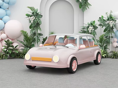 Pink Kids Toy Car Surrounded by Green Plants Balloons and Arch Decorations 3d model