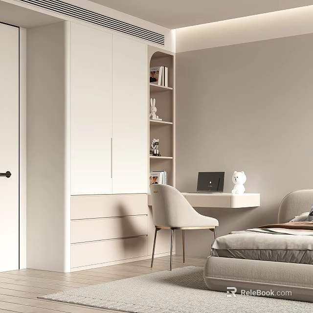 Modern White Built in Wardrobe with Storage Drawers Shelves and Desk in Bedroom 3d model 