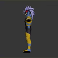 Mythical Character Creature With Purple Hair In Yellow Blue Suit And Outstretched Arms
