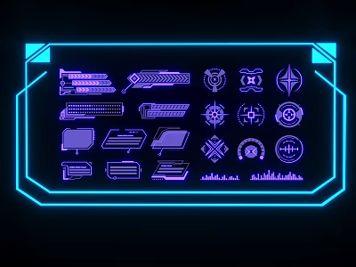 Neon Blue Lines Forming Geometric Icons And Device Outlines In Frame 3d model
