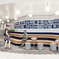 Modern Break Room Interior With Geometric Pattern Wall Pendant Lights And Benches