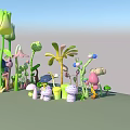 Colorful Garden Flowers And Plants With Green Stems Leaves And Decorative Mushrooms
