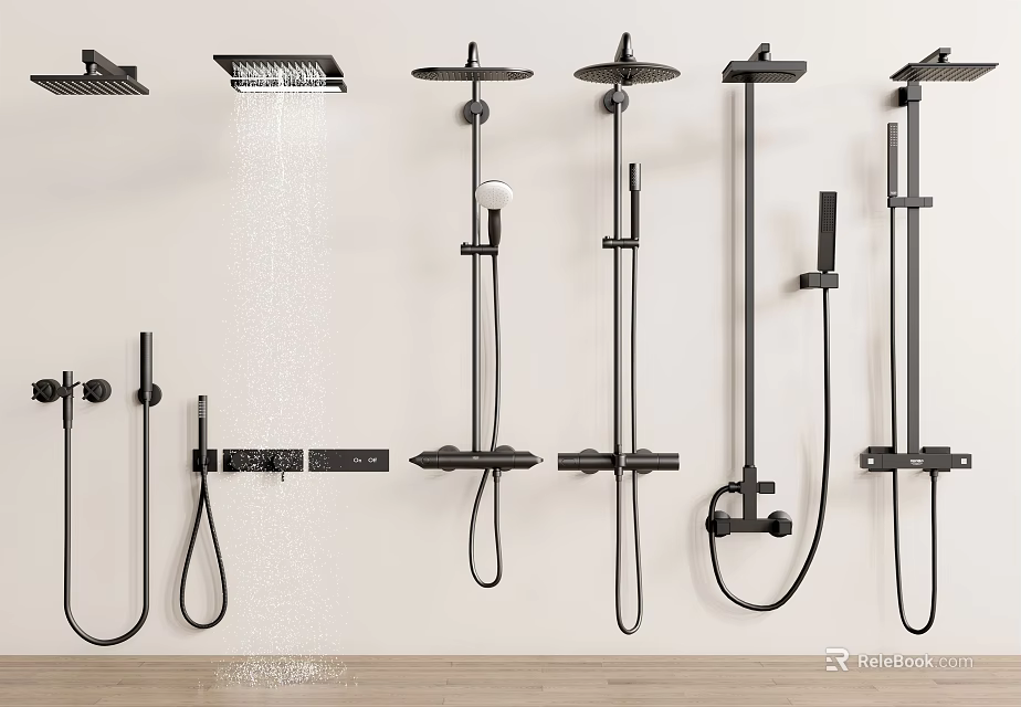 Black Shower Systems With Various Designs Including Rainfall And Handheld Features 3d model