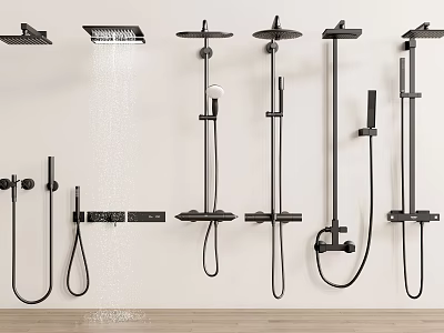 Black Shower Systems With Various Designs Including Rainfall And Handheld Features 3d model