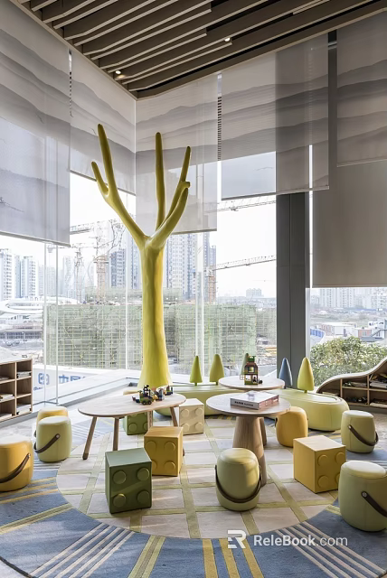 Modern Lounge Area Interior With Yellow Tree Decoration Round Tables Yellow Seats And City View 3d model 