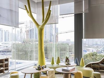 Modern Lounge Area Interior With Yellow Tree Decoration Round Tables Yellow Seats And City View 3d model