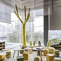 Modern Lounge Area Interior With Yellow Tree Decoration Round Tables Yellow Seats And City View