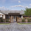 Traditional Chinese Courtyard With Gray Tile Roof Stone Patio And Wooden Fence