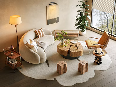 Cozy Curved Sofa And Natural Wood Coffee Table Set For Modern Living Room Interior Design 3d model