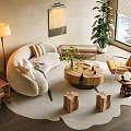 Cozy Curved Sofa And Natural Wood Coffee Table Set For Modern Living Room Interior Design