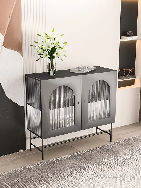 Modern Entryway Console Side Cabinet With Glass Doors Metal Frame And Flower Vase 3d model 