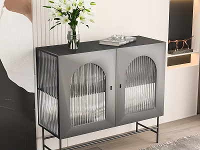 Modern Entryway Console Side Cabinet With Glass Doors Metal Frame And Flower Vase 3d model
