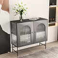 Modern Entryway Console Side Cabinet With Glass Doors Metal Frame And Flower Vase