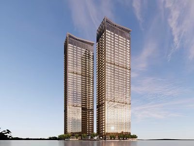 Two Modern Skyscrapers With Glass Facades Against Blue Sky And Greenery 3d model