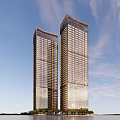 Two Modern Skyscrapers With Glass Facades Against Blue Sky And Greenery