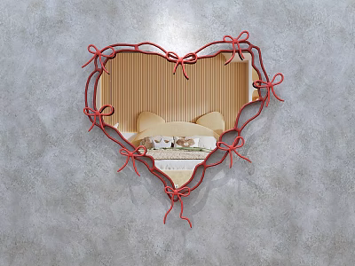 Heart Shaped Mirror with Red Ribbon Bow Frame Reflecting Bedroom Interior and Wooden Walls 3d model
