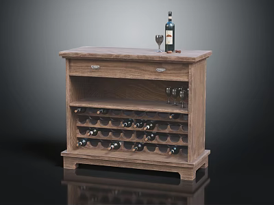 Wooden Wine Cabinet With Drawer And Countertop For Wine Bottle And Glass Storage 3d model