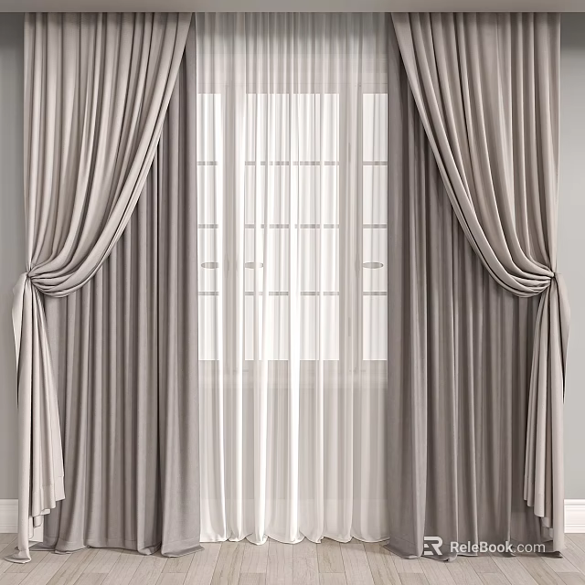 Elegant Gray Curtains With White Sheer And Grid Pattern Window Design 3d model 