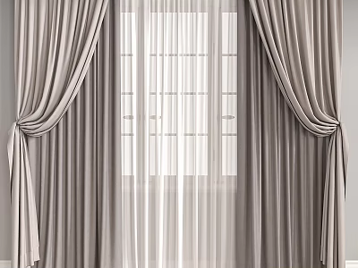 Elegant Gray Curtains With White Sheer And Grid Pattern Window Design 3d model