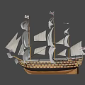 Classic Wooden Sailing Ship Railings With White Sails And Brown Hull 3d model