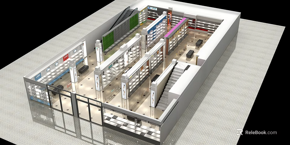 Modern Specialty Store Interior With Shelves Display Counters Staircase And Green Plant Wall 3d model 