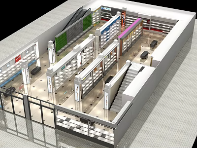 Modern Specialty Store Interior With Shelves Display Counters Staircase And Green Plant Wall 3d model