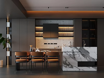 Modern Restaurant Kitchen Interior With Dark Cabinets Marble Island Brown Chairs And Warm Lighting 3d model