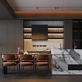 Modern Restaurant Kitchen Interior With Dark Cabinets Marble Island Brown Chairs And Warm Lighting