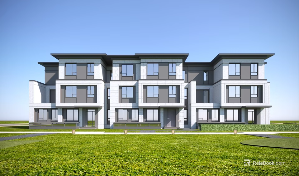 Modern Townhouse Exterior Design With Front Lawn And Large Windows In Neutral Tones 3d model 