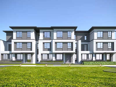 Modern Townhouse Exterior Design With Front Lawn And Large Windows In Neutral Tones 3d model