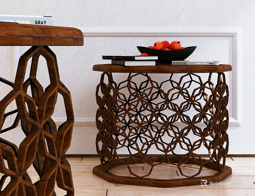 Wooden Side Table with Intricate Cutout Pattern Round Top Books Fruit Bowl on White Floor 3d model 