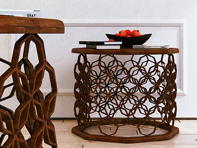 Wooden Side Table with Intricate Cutout Pattern Round Top Books Fruit Bowl on White Floor 3d model