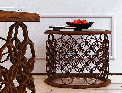 Wooden Side Table with Intricate Cutout Pattern Round Top Books Fruit Bowl on White Floor 3d model