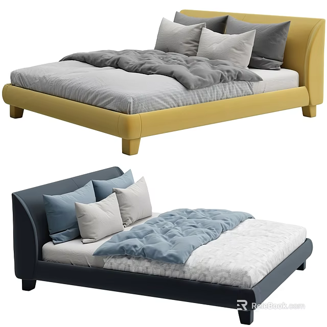 Yellow and Navy Blue Double Bed Design with Upholstered Headboard Soft Comforters and Pillows 3d model 