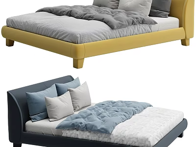 Yellow and Navy Blue Double Bed Design with Upholstered Headboard Soft Comforters and Pillows 3d model
