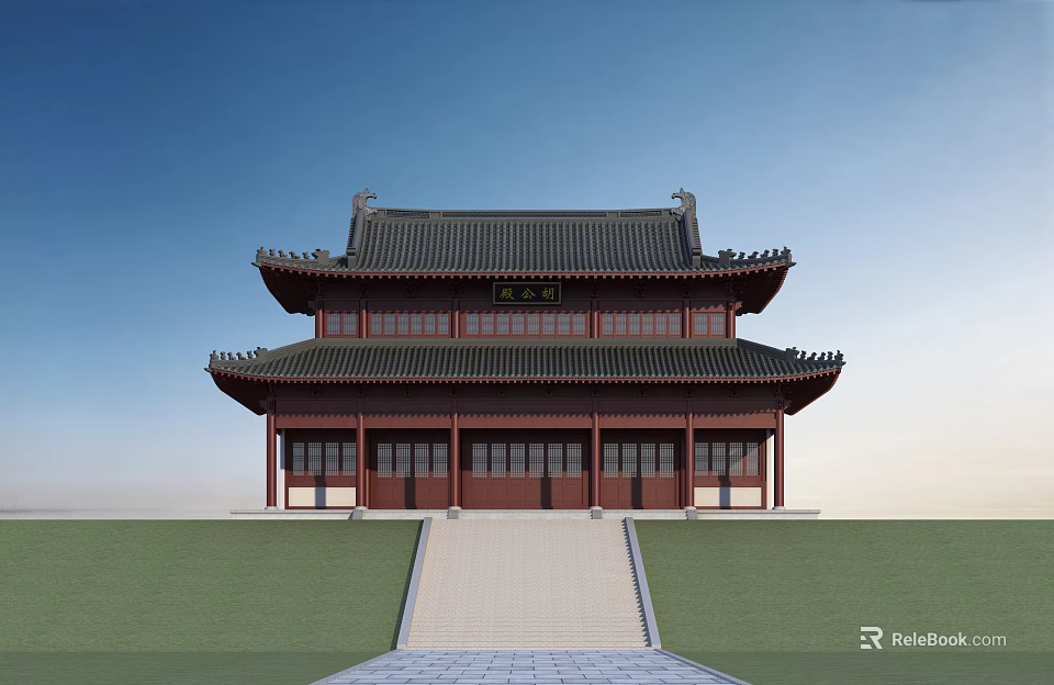 Ancient Chinese Architecture Two Story Structure With Traditional Tile Roof Curved Cornices And Stone Steps 3d model 
