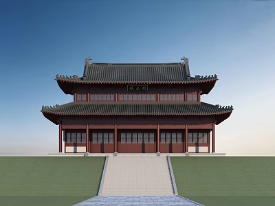 Ancient Chinese Architecture Two Story Structure With Traditional Tile Roof Curved Cornices And Stone Steps 3d model