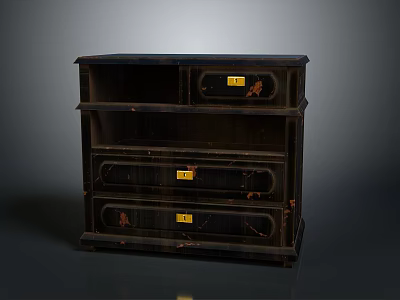 Dark Wooden Chest Of Drawers With Multiple Drawers And Yellow Decorative Labels 3d model