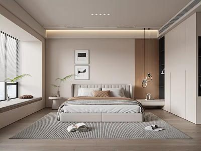 Modern Minimalist Bedroom Interior With Recessed Lighting Pendant Lights Wooden Floor And Blinds 3d model