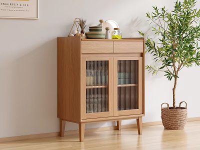 Wooden Sideboard with Glass Doors and Display Shelves Living Room Potted Plant Wall Art 3d model