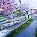 Beautiful Park Landscape With Scenic Pathway Colorful Flowering Trees And Wooden Benches