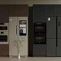 Modern Refrigerator Cabinets With Dark Brown And Black Finishes Ovens Digital Screens And Small Plant