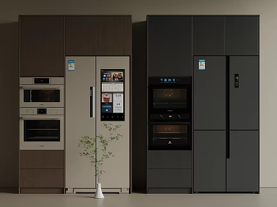 Modern Refrigerator Cabinets With Dark Brown And Black Finishes Ovens Digital Screens And Small Plant 3d model